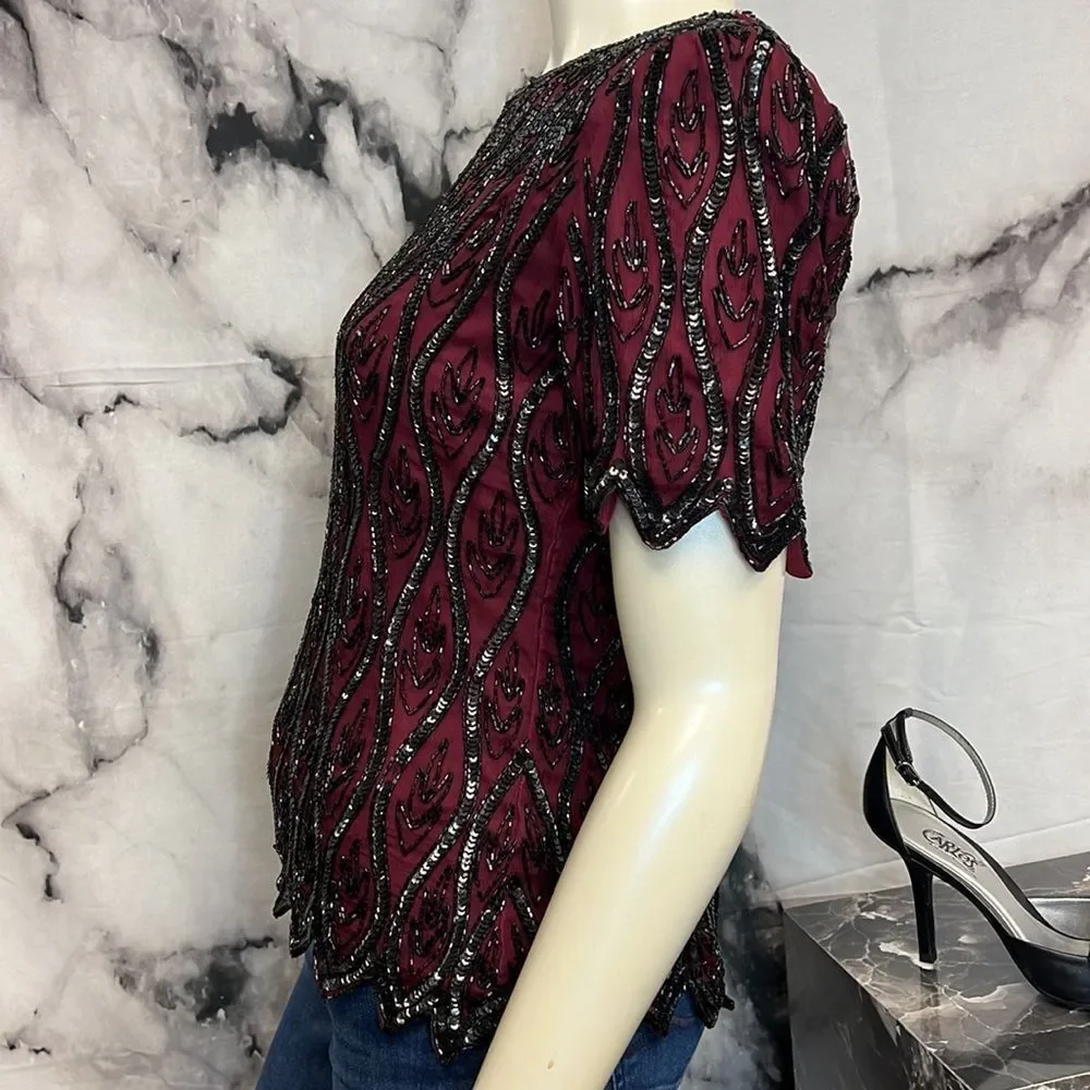 *Maroon and black beaded sequence evening top brand stenay - Picture 10 of 10